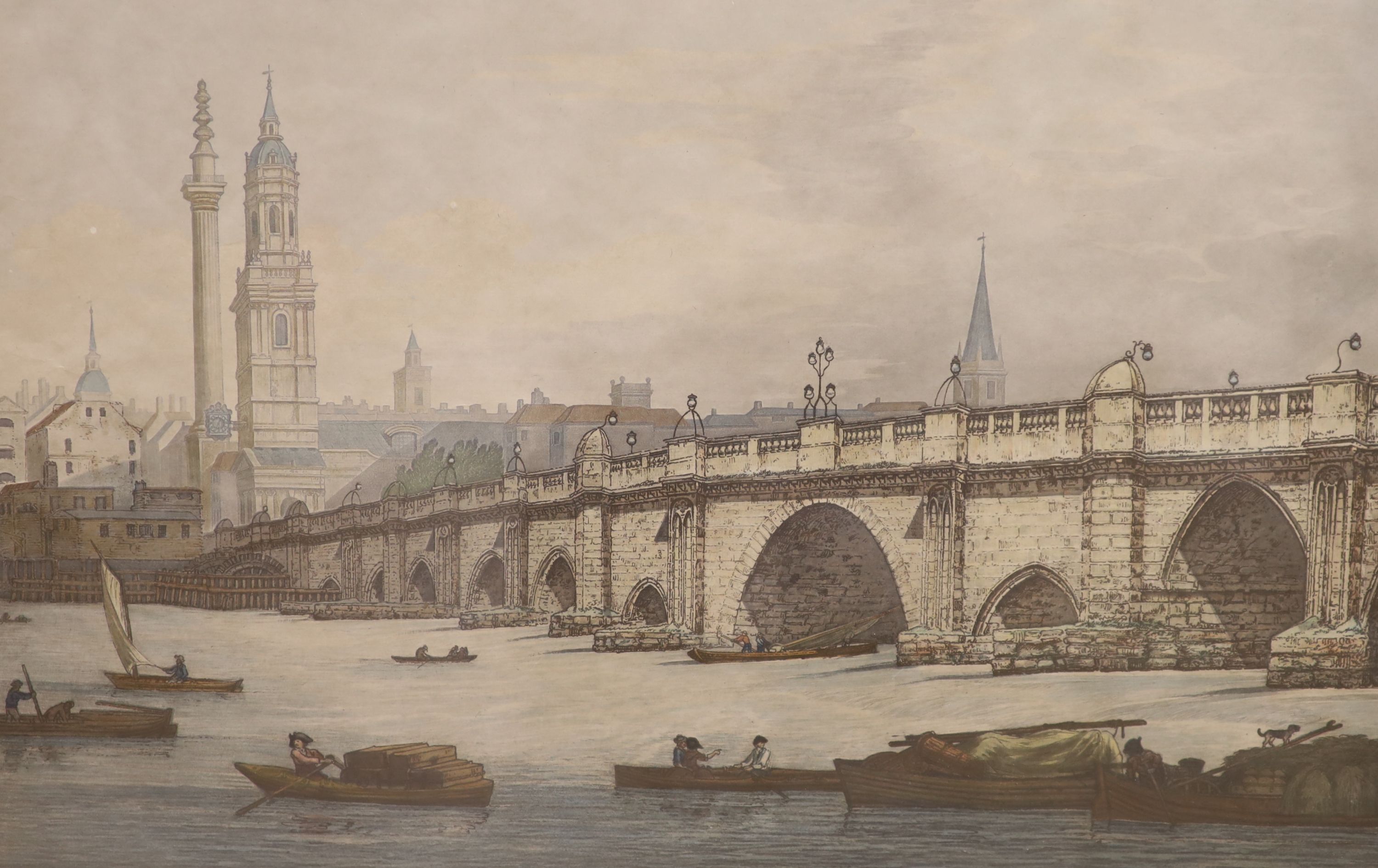 Stadler after Farrington, colour print, View of London Bridge, overall 44 x 62cm